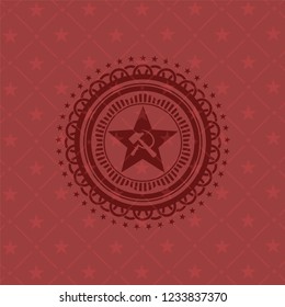 communism icon inside badge with red background