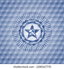 communism icon inside blue badge with geometric pattern.