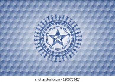 communism icon inside blue badge with geometric pattern background.