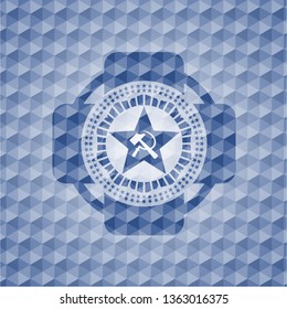 communism icon inside blue badge with geometric pattern background.