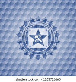 communism icon inside blue emblem or badge with abstract geometric pattern background.