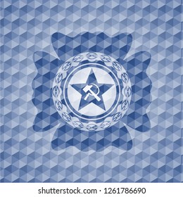 communism icon inside blue emblem with geometric pattern.