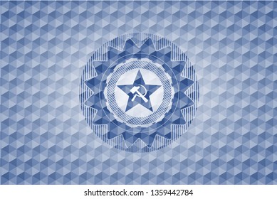 communism icon inside blue emblem or badge with abstract geometric polygonal pattern background.