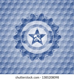 communism icon inside blue emblem or badge with geometric pattern background.