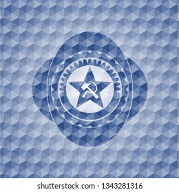 communism icon inside blue hexagon emblem.