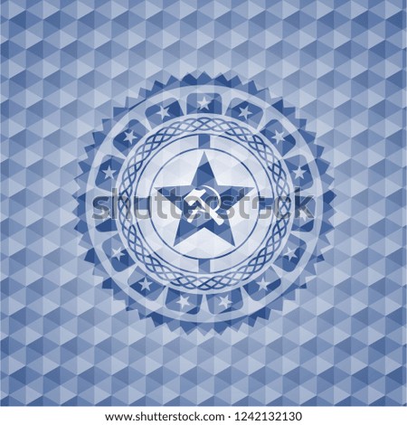 communism icon inside blue hexagon badge.