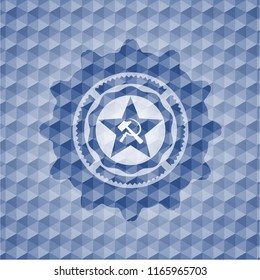 communism icon inside blue polygonal badge.