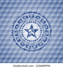 communism icon inside blue polygonal emblem.