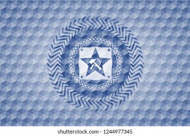 communism icon inside blue polygonal badge.