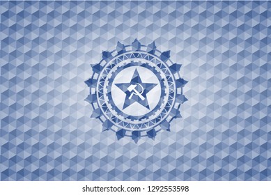 communism icon inside blue polygonal badge.