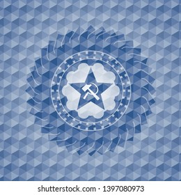 communism icon inside blue polygonal badge.