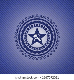 communism icon inside emblem with denim high quality background