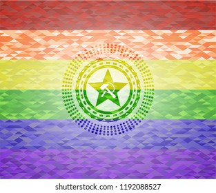 communism icon inside emblem on mosaic background with the colors of the LGBT flag