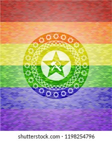 communism icon inside emblem on mosaic background with the colors of the LGBT flag