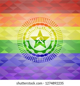 communism icon inside emblem on mosaic background with the colors of the LGBT flag