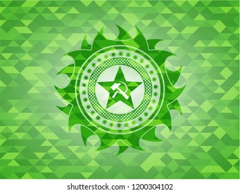 communism icon inside green emblem. Mosaic background