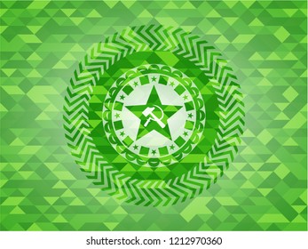 communism icon inside green emblem. Mosaic background