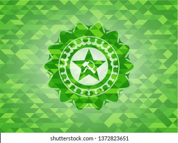 communism icon inside green emblem. Mosaic background