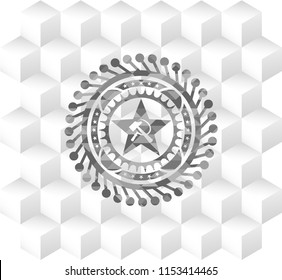 communism icon inside grey emblem with geometric cube white background
