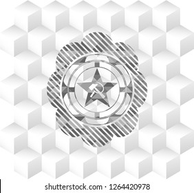 communism icon inside grey emblem with geometric cube white background