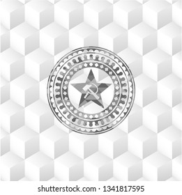 communism icon inside grey emblem with cube white background
