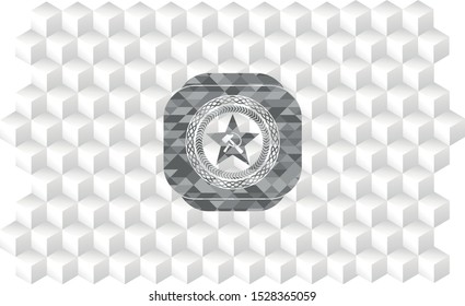 communism icon inside grey emblem with cube white background