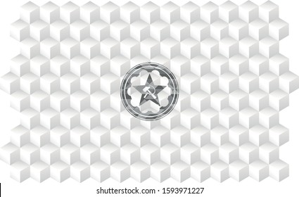 communism icon inside grey emblem with cube white background