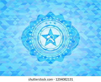 communism icon inside light blue emblem with triangle mosaic background