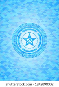 communism icon inside light blue emblem with mosaic background