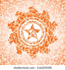 communism icon inside orange mosaic emblem with background