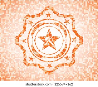 communism icon inside orange mosaic emblem with background