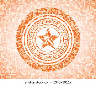 communism icon inside orange mosaic emblem with background