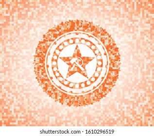 communism icon inside orange mosaic emblem with background