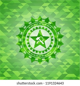 communism icon inside realistic green emblem. Mosaic background