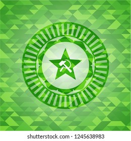 communism icon inside realistic green emblem. Mosaic background