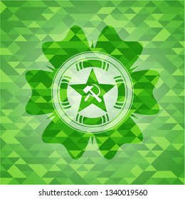 communism icon inside realistic green emblem. Mosaic background