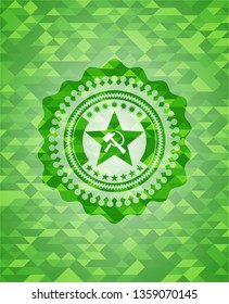 communism icon inside realistic green emblem. Mosaic background