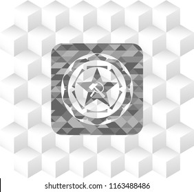 communism icon inside realistic grey emblem with geometric cube white background