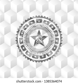 communism icon inside realistic grey emblem with geometric cube white background