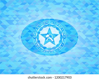 communism icon inside realistic light blue mosaic emblem