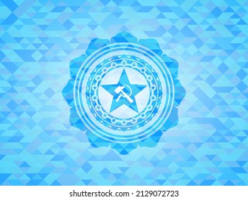 communism icon inside realistic light blue emblem. Mosaic background. 