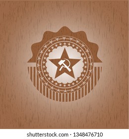 communism icon inside realistic wooden emblem