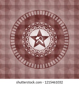 communism icon inside red badge with geometric pattern background. Seamless.
