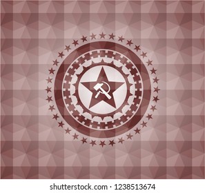 communism icon inside red badge with geometric pattern. Seamless.