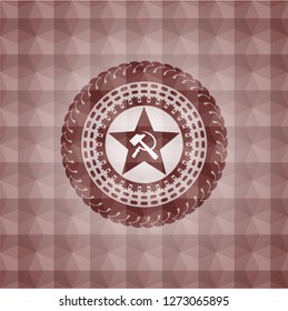 communism icon inside red badge with geometric pattern background. Seamless.