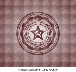 communism icon inside red badge with geometric pattern. Seamless.