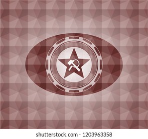 communism icon inside red emblem with geometric pattern background. Seamless.