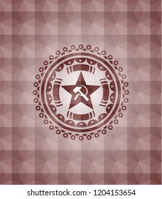 communism icon inside red emblem with geometric pattern background. Seamless.