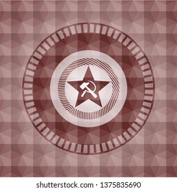 communism icon inside red emblem or badge with abstract geometric pattern background. Seamless.