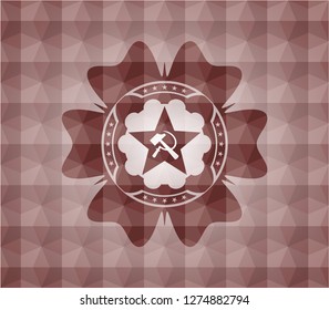 communism icon inside red seamless emblem or badge with abstract geometric polygonal pattern background.